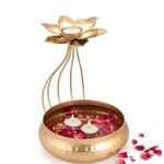 Vintage Decor Metal Lotus Tealight Candle Holder Set of 1 for Diwali Decoration Items with Base of Urli Bowl - Gold