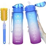 32 oz Leakproof Water Bottle with Time Marker & Straw lid to Ensure You Drink Enough Water Throughout The Day for Fitness and Outdoor Enthusiasts, BPA Free, With straw Brush (Green Purple)