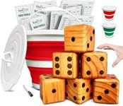 SWOOC Games - Yardzee, Farkle & 20+ Games - Classic Red Shaker Edition (All Weather) - Yard Dice Game Set with Red Collapsible Bucket, Lid, 5 Big Laminated Score Cards & Marker - Outdoor Yard Games