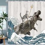 Boziqr Funny Cat Shower Curtain, Cool Cat Dinosaur Japanese Ocean Wave Decor Fabric Bathroom Curtains, Kids Children Rustic Wooden Farmhouse Shower Curtain, 70X70 Inches