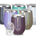 Stainless Steel Wine Tumbler Insulated - THILY T2 Stemless Portable Travel Wine Glass with Spill Proof Lid and Reusable Straw, 12 oz, Keep Cold & Hot for Coffee, Cocktails, Drinks, Glitter Red-Brown