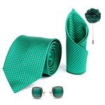 Axlon Mens Plaid Dotted Silk Necktie Gift Set With Pocket Square Cufflinks & Brooch Pin Tie For Men Formal With Leatherite Box (Green A9GNRX Free Size)