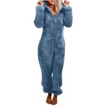 Women Winter Warm Pajamas Cartoon Hooded Fleece Romper Sherpa Fuzzy Jumpsuit Sleepwear One Piece Playsuit Loungewear Navy