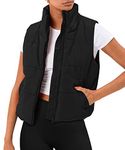 AUTOMET Puffer Vest Women Sleeveless Winter Cropped Outerwear Warm Puffer Lightweight Stand-up Collar Down with Pockets, Black, Medium