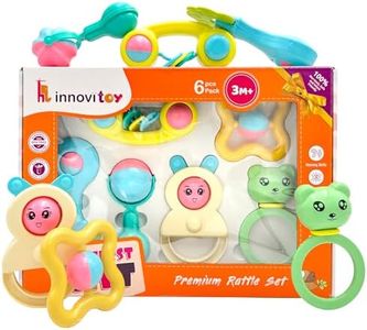 Innovitoy 6 Pcs Non-Toxic Premium Rattle Set for Gifting | Safe Toys with Teether for New Born, Babies and Infants of Age 1-3-6-9-12 Months | Baby Shower Gift Set With Fun Colors & Soft Rattling Sound