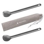 Navaris Long Handle Titanium Spork and Spoon - 21.5cm Long Metal Cutlery Set for Backpacking and Camping - Extra Strong and Lightweight - Includes Bag