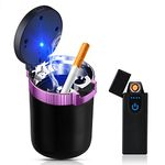 LED Car Ashtray with Lid: Stainless Steel Ashtray Car with Lighter Touch, Travel Ashtray Portable, Smokeless Self-Extinguishing Ashtray for On the Go Home Office Car (Purple)