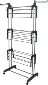BARGAIN FACTORY 4-Tier Foldable Clothes Drying Rack – Adjustable Stainless Steel, Grey, Indoor/Outdoor