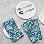 CPC Cloth Napkins Set of 6 Cotton Printed Dinner Block Print Napkins I Wedding Cocktail Cloth Floral Napkins I 18x18 in I Aegean Blue