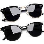 2 Pack Black Sunglasses for Men Women Polarized Mens Sunglasses Womens Shades Semi-Rimless Frame Ladies Sun Glasses UV Protection for Driving Fishing Cycling Golf Running Sailing - Glossy Black+Blck