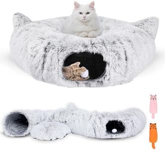 PurrPuff Cat Tunnel Bed Cave with Catnip Toys - Peekaboo Cat Hideaway & Cat Donut Tunnel - 3-in-1 Cat Tunnels for Indoor Cats - Foldable Cute Cat Bed - 32" Washable