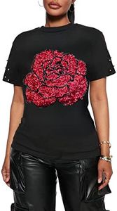 PESION Womens Sparkle Sequin Shirts Graphic Blouse Tops Short Sleeve Shiny Rave T- Shirts, Black+ Red Rose, Medium