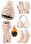 Xukk Womens Winter Knit Hat Beanie Scarf Touch Screen Gloves Ear Muffs Socks 5 Pieces Sets Faux Fur Pom Beanie Warmer Cap(Oatmeal)