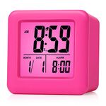 Plumeet Digital Alarm Clock Kids Alarm Clock with Snooze and Nightlight - Easy Setting Silicone Clock Display Time, Date - Loud Alarm Clock for Bedroom - Battery Powered (Pink)