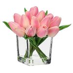 DILATATA Artificial Pink Tulips in Vase with Faux Water 5.5" Real Touch Flowers Fake Tulips Small Flowers Arrangement in Cube Glass Vase for Mother's Day Table Centerpiece Wedding Home Decor