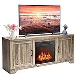 TANGKULA Fireplace Stand, for TV Up to 65", Media Storage Cabinet Console with 18"X17" 1400W 5000BTU Electric Fireplace with Remote Control, Wooden Grain