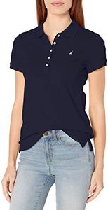 NAUTICA Women's 5-Button Short Sleeve Cotton Polo Shirt, Navy, Large