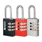 AIDO by dormakaba Group 3-Digit Number Locks (Pack of 3)|20mm Combination Padlocks for Bag, Luggage, Sports Bag, Lockers & ToolBoxes| Water-Resistant|Hardened Shackle|2 Yr Warranty |Red, Black, Silver