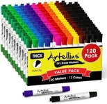Artellius 120 Bulk Pack of Dry Erase Markers (12 ASSORTED COLORS W/ 21 EXTRA BLACK) - Thick Barrel - Perfect Pens For Writing on Whiteboards, Dry-Erase Boards, Mirrors, & All White Board Surfaces