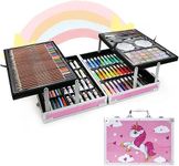 VINTAGER All in One Professional Art Set, 145 Pcs Drawing Painting Sketching Colouring for Kids with Pink Unicorn Rainbow Design Aluminium Case