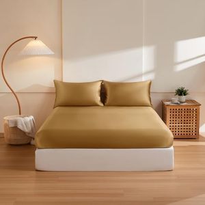 THXSILK Silk Queen Fitted Sheet 3Pcs Set, 6A+ Top Grade 100% Pure Mulberry Silk Bed Sheets Set Luxury Bedding Sheet for Hair and Skin, 1 Fitted Sheet with 2 Pillowcases, Metallic Gold