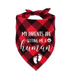 Ptzizi My Parents are Getting Me A Human Red Plaid Cotton Triangle Pet Dog Bandana, Baby Announcement Dog Headscarf Gender Revealing Photo Prop for Dog Lovers Gift