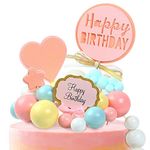 Party Propz Happy Birthday Cake Topper-17Pcs with Colourful Balls and Pink Cards Cupcake Toppers for Kids Girls Adults Husband Women Special Decorations Items/Unicorn/Cakes accessories,Cards,Tags