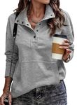 SHEWIN Womens Fall Fashion 2024 Casual Long Sleeve Solid Lightweight Oversized Sweatshirt Loose Button Fall Sweatshirts for Women,US 12-14(L),Grey