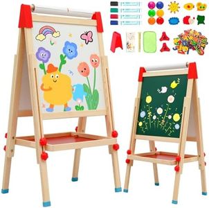 Kids Easel with Paper Roll Double-Sided Whiteboard & Blackboard Adjustable Standing Wooden Art Easel with Numbers and Other Accessories Gift for Toddlers Boys Girls(T04)