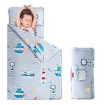 ROSSISON Nap Mat with Pillow and Blanket 100% Cotton with Microfiber Fill, Padded Sleeping Mat, for Daycare Preschool Toddler Prek Boys Girls Kids (Sailing Trip Nautical, Standard-50 x20)