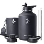 Coolflask 64 oz Water Bottle Insulated with PU Leather Sleeve, Half Gallon Water Bottle with Straw Lids, Double Wall Stainless Steel Metal Large Water Jug, Keep Cold 48h Hot 24h,Polar Black