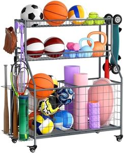 WUC Sports Equipment Garage Organizer - Garage Ball Storage Rack with Basket, Hooks and Rolling Cart for Sports Gear and Toy Storage, Grey