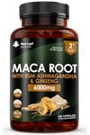 Maca Root Capsules with KSM Ashwagandha and Ginseng - 180 High Strength 6000mg Capsules Maca Root + Ashwagandha KSM-66, Panax Ginseng & Black Pepper - Vegan Capsules Made in The UK