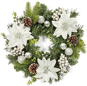 GAOMON 16 in Christmas Wreath for Front Door, Silver Artificial Wreaths with Xmas Balls, Artificial Flowers, Berries & Pine Cones for Fireplace Wall Window Door Christmas Table Centerpiece Decoration