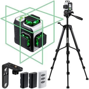 Firecore Laser Level with Tripod, 3 X 360° Rechargeable Green Self Leveling Cross Line Laser with 60" Compact Tripod for Construction/Picture Hanging, 2 Li-ion Batteries and Remote Control Included