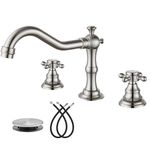 Widespread Bathroom Faucet Brushed Nickel 3 Holes Deck Mounted Victorian Style Dual Cross Knobs Hot and Cold Water with Pop Up Drain Assembly with Overflow