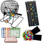SEETOOOGAMES Deluxe Bingo Game Set,6 Inch Metal Cage, 600 Bingo Chips with a Bag, 75 Bingo Balls with a Bag , 50 Bingo Cards, Plastic Master Board, Black,Transparent