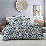 EWlinens Cotton Duvet Cover Queen Size - 3 Pieces Damask Duvet Cover Set Luxury Bedding Set with 8 Corner Ties & Zipper Closure for All Season Breathable, Soft, Navy Blue (No Comforter)