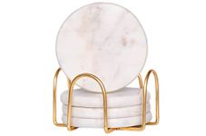 CentraLit Round White Marble Coasters Set of 4 with Stand - Bar Wine Coasters for Table - Set of 4 Vintage Handmade Marble Stone Coaster Set with Holder (Round Shape) (Gold)