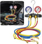 49968 Charging Manifold and 4 Valve Test for Refrigerant Type R-22, R-404A, R-410A, A/C Manifold Gauge Tool Set, Include 60" Hoses and 3/8" x 45° Compact Ball Valve Hose Set, Large Double Gauges