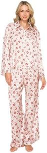 Badgley Mischka Floral Silky Satin Long Sleeve and Wide Leg Pajama Set Red