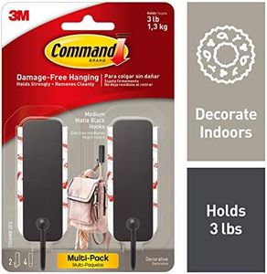 Medium Decorative Damage Free Adhesive Wall Hooks for Hanging Christmas Decorations, 2 Black Hooks and 4 Command Strips