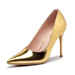 GENSHUO High Heels Pumps for Women Closed Toe,Sexy Pointy Stiletto Heels 4 Inch,Party Prom Dress Pump Shoes, Metallic Gold Heels, 9