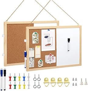 2-Pack Cork Board White Board Combo - 15.7 x 12 inches Whiteboard Bulletin Combination Board Hanging Office White Push Pin Board Vision Board for Room School Office Bedroom (with Pins, Hardware, Rope)