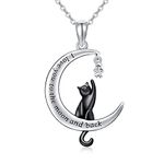 Black Cat Necklace Sterling Silver Black Cat on the Moon Pendant Cat Jewelry Gifts for Women Cat Lovers