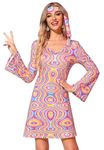 Clarisbelle Halloween Women 70s Disco Party Cosplay Costume Sparkle Bell Sleeve Hippie Outfits with Headband Pink S