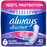 Always Discreet Adult Incontinence Pads for Women, Ultra Absorbency, Long Length, Postpartum Pads, 42 Count
