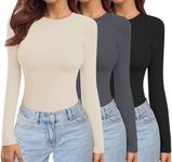 Ekouaer Womens 3 Pack Long Sleeve Tops Crew Neck Shirts Thermal Tops Set Stretch Fitted Underscrubs Layer Tee Black + Dark Grey + Beige S