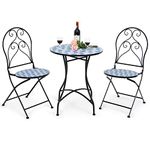 COSTWAY 3 Piece Patio Bistro Set, Mosaic Metal Dining Set Garden Table with 2 Folding Chairs, Indoor Outdoor Conversation Furniture Set for Balcony Deck Yard Poolside (Blue Floral Pattern)