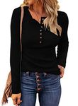 WNEEDU Women's Waffle Knit Tops Button Down V Neck Tunic Long Sleeve Henley Shirts 2024 New Casual Blouses Pure Black L